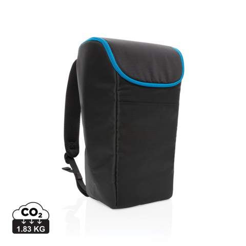 This cooler backpack can go wherever a cool drink or meal is needed — whether that is three kms/miles down a trail or just at the office. The backpack features a wide-mouth opening for easy access to your food and drinks. An external front pocket and zippered top pocket ensures you can put all your necessities away. Fits up to 6 bottles or 24 cans. Adjustable straps and exterior made in a tarpaulin and ribstop combination. Blue details add a finishing touch. Interior 100% PEVA.