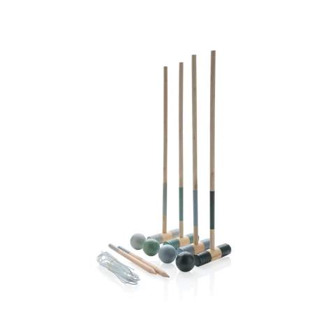 Beautifully crafted 4 player wooden croquet set that includes 4 croquet hammers, 4 balls and 10 metal hoops. Simply place the hoops in a prefered position and make two teams. One team plays 2 designated balls and the other team play the other 2. If one team succeeds to hit the ball through a hoop they get another strike. If not:  it’s the other team turn. The winner is the team who manages to score all hoops with both balls.  Hammer head and balls are made from Pine wood and handle and pins from Eucalyptus wood. Presented in a cotton pouch with rule book.