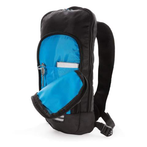 Take all the essentials you need with you with this small hiking backpack. The backpack is made from durable polyester and features a minimalist design which can hold a hydration reservoir. Perfect for hikes, bike rides, and all sorts of outdoor adventures.This small hiking backpack includes a zippered front pocket and a hole for easy routing of your hydration tube. With a mesh padded back panel, mesh padded shoulder straps, it's easy and comfortable to carry for all day use. PVC free.<br /><br />PVC free: true