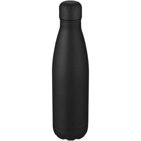 Vakuumisolierte Edelstahlflasche mit kultigem Design. Der isolierte 18/8 Edelstahl hält Getränke über mehrere Stunden heiß oder kalt. Geprüft und zugelassen nach deutschem Lebensmittelsicherheitsgesetz (LFGB) und auf Phthalatgehalt gemäß REACH Verordnung getestet. Mit einem Sockel, der in die meisten Getränkehalter passt, ist diese schlanke Wasserflasche ein perfekter Werbeartikel. Das Fassungsvermögen beträgt 500 ml. Verpackt in einer Geschenkbox aus Recyclingkarton.