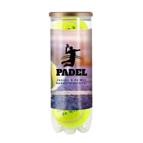 3 printed, lower pressure padel balls packaged in a transparent tube with a label all around. European manufacture