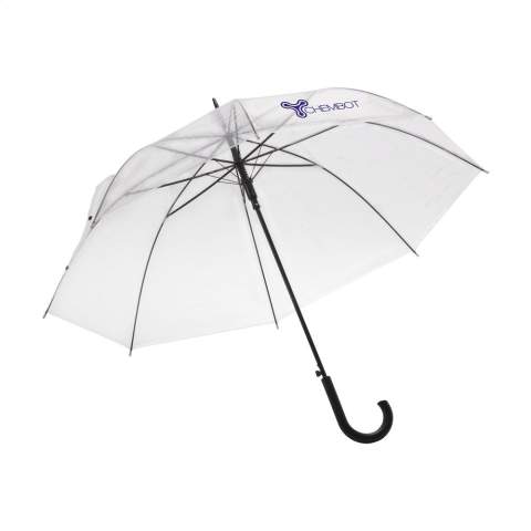 Umbrella with transparent canopy segments, automatic telescopic spring button, metal frame, plastic handle and push button fastener.
