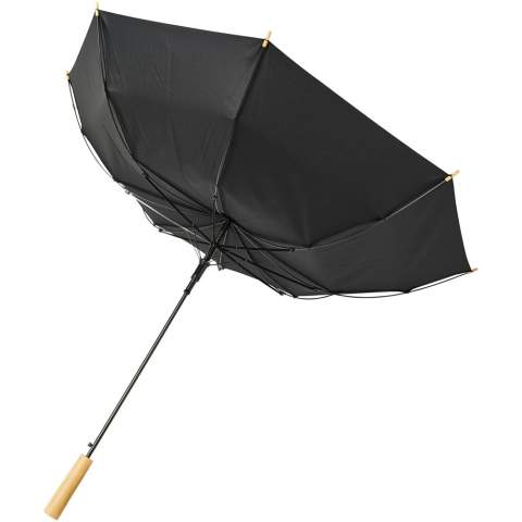 Automatic opening umbrella with a recycled PET pongee polyester canopy. Sturdy metal shaft, a high quality frame with fibreglass ribs offering flexibility in windy conditions. Together with the wooden handle, tips, and the recycled PET pongee polyester canopy it offers a sustainable choice. Available in a wide variety of contemporary colours with an large decoration area on each of the panels.