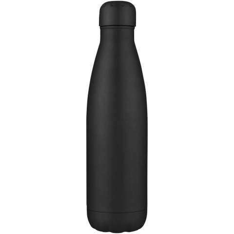 Vakuumisolierte Edelstahlflasche mit kultigem Design. Der isolierte 18/8 Edelstahl hält Getränke über mehrere Stunden heiß oder kalt. Geprüft und zugelassen nach deutschem Lebensmittelsicherheitsgesetz (LFGB) und auf Phthalatgehalt gemäß REACH Verordnung getestet. Mit einem Sockel, der in die meisten Getränkehalter passt, ist diese schlanke Wasserflasche ein perfekter Werbeartikel. Das Fassungsvermögen beträgt 500 ml. Verpackt in einer Geschenkbox aus Recyclingkarton.