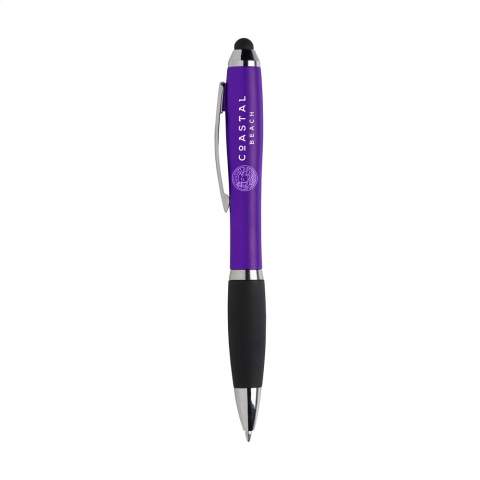 Blue ink ballpoint pen with coloured barrel, rubber grip, glossy accents, recess in metal clip and rubber top/pointer to operate touch screens (eg iPhone/iPad).