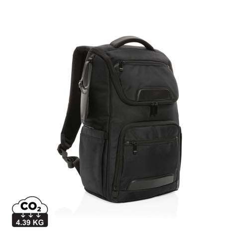 Make the daily commute a little bit easier and a lot more stylish with this laptop backpack. The bag is made from durable 1680D recycled polyester fabric with rich PU details and features a well designed shape with multiple pockets for storage and organisation. In addition to the roomy main compartment, this backpack features a padded 15.6" laptop pocket and an additonal zipper pocket to hold your other daily essentials. Other features of this backpack include a USB output, RFID pockets, pen loops, a detachable luggage tag and a side water bottle pocket. Exterior: 100% 1680D polyester / Lining: 150D recycled  polyester. With AWARE™ tracer that validates the genuine use of recycled materials. Each bag has reused 49.92 0.5L PET bottles. 2% of proceeds of each product sold containing AWARE™  will be donated to Water.org.<br /><br />FitsLaptopTabletSizeInches: 15.6<br />PVC free: true