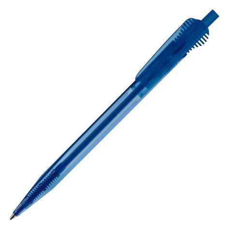 Transparante Toppoint design balpen, geproduceerd in Duitsland. Deze pen bevat een blauwschrijvende X20 vulling voor 2,5km schrijfplezier. 