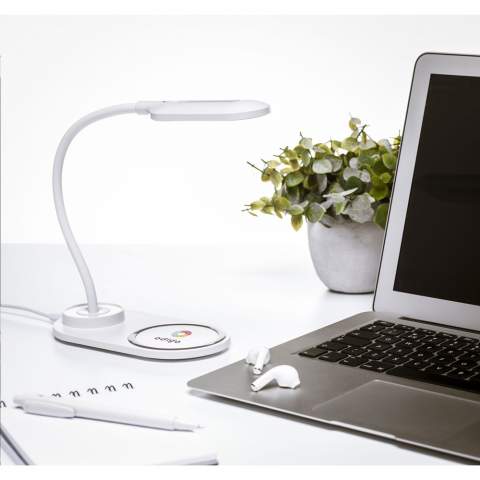 Stylish desk lamp with wireless charger made from recycled ABS. The lamp is equipped with a flexible shade arm and the LED light can be set to three different levels of brightness. To charge your phone, simply place it on to the base of the lamp. The 10W charger is compatible with all mobile devices that support QI wireless charging (latest generation Android and iPhone 8 and above). Input: Type-C input 9V/1.5A. Wireless output: 10W. Includes a cable with USB-C connection and user manual. Each item is supplied in an individual brown cardboard box.