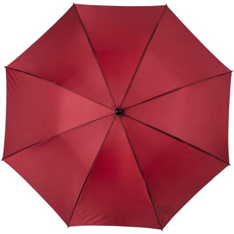 Golf umbrella with a polyester canopy fitting 2 persons. It has a sturdy metal shaft and a high quality full fiberglass frame, offering maximum flexibility in windy conditions. Curved EVA handle, plastic tips and top. Available in a wide variety of contemporary colours and has a large decoration area on each of the panels.