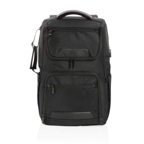 Make the daily commute a little bit easier and a lot more stylish with this laptop backpack. The bag is made from durable 1680D recycled polyester fabric with rich PU details and features a well designed shape with multiple pockets for storage and organisation. In addition to the roomy main compartment, this backpack features a padded 15.6" laptop pocket and an additonal zipper pocket to hold your other daily essentials. Other features of this backpack include a USB output, RFID pockets, pen loops, a detachable luggage tag and a side water bottle pocket. Exterior: 100% 1680D polyester / Lining: 150D recycled  polyester. With AWARE™ tracer that validates the genuine use of recycled materials. Each bag has reused 49.92 0.5L PET bottles. 2% of proceeds of each product sold containing AWARE™  will be donated to Water.org.<br /><br />FitsLaptopTabletSizeInches: 15.6<br />PVC free: true
