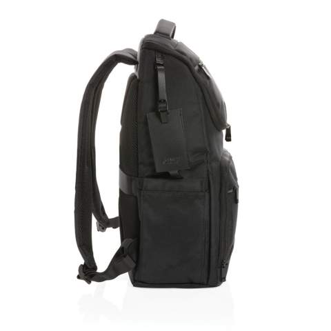 Make the daily commute a little bit easier and a lot more stylish with this laptop backpack. The bag is made from durable 1680D recycled polyester fabric with rich PU details and features a well designed shape with multiple pockets for storage and organisation. In addition to the roomy main compartment, this backpack features a padded 15.6" laptop pocket and an additonal zipper pocket to hold your other daily essentials. Other features of this backpack include a USB output, RFID pockets, pen loops, a detachable luggage tag and a side water bottle pocket. Exterior: 100% 1680D polyester / Lining: 150D recycled  polyester. With AWARE™ tracer that validates the genuine use of recycled materials. Each bag has reused 49.92 0.5L PET bottles. 2% of proceeds of each product sold containing AWARE™  will be donated to Water.org.<br /><br />FitsLaptopTabletSizeInches: 15.6<br />PVC free: true
