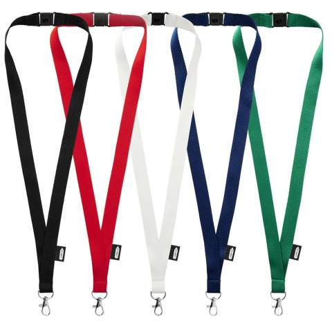 Recycled PET lanyard with breakaway closure. High quality oval hook with lobster clip that is ideal for holding a name badge, ID card, or keys.