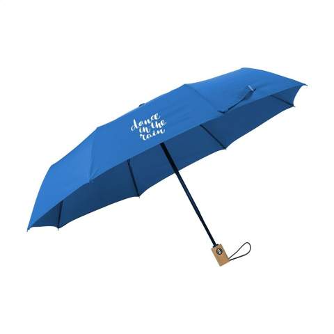 WoW! Folding umbrella with automatic opening and closing mechanism. Supplied with an RPET 190T pongee polyester cover. This umbrella also has a stainless-steel shaft and frame wooden handle, elastic carrying loop and Velcro closure. Dim. when folded: Ø 6 x 28,5 cm. RCS-certified. Total recycled material: 16%.