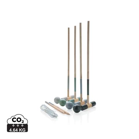 Beautifully crafted 4 player wooden croquet set that includes 4 croquet hammers, 4 balls and 10 metal hoops. Simply place the hoops in a prefered position and make two teams. One team plays 2 designated balls and the other team play the other 2. If one team succeeds to hit the ball through a hoop they get another strike. If not:  it’s the other team turn. The winner is the team who manages to score all hoops with both balls.  Hammer head and balls are made from Pine wood and handle and pins from Eucalyptus wood. Presented in a cotton pouch with rule book.