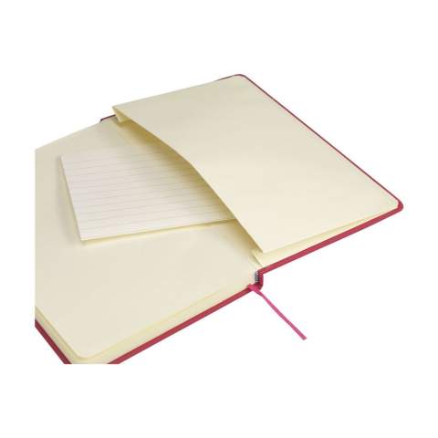 Bloc-notes compact format A5 avec environ 96 feuilles / 192 pages de couleur crème, papier ligné (80 g/m²) certifié FSC Mix. Avec reliure et couverture rigide, poche de rangement, fermeture élastique et marque-page ruban en soie.