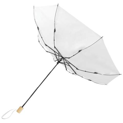 Manual folding umbrella with a recycled PET pongee polyester canopy and a wooden handle. The sturdy metal shaft and high quality frame with fibreglass ribs offers maximum flexibility in windy conditions. Supplied with a pouch and can easily fit a handbag or backpack for convenient carrying. Together with the wooden handle and the recycled PET pongee polyester canopy, this umbrella offers a more sustainable choice.