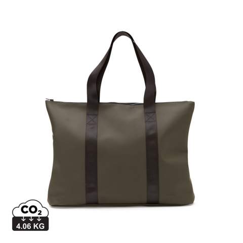 A small, sleek bag made of a lightweight, water-resistant nubuck PU fabric with a stylish matte exterior and a lightweight synthetic fabric interior. The main compartment closes with a zipper. Sturdy handles so you can fill the bag properly.