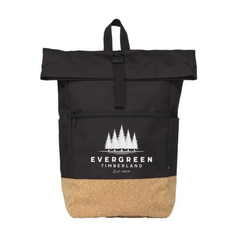 WoW! Practical urban 'roll-top' backpack made from RPET polyester combined with a high-quality cork. This backpack has a large main compartment with a separate section suitable for a laptop up to 15.6 inches in size. In addition, there are two pockets on both sides and a large zipper pocket on the front. Also included is a carrying strap, roll closure and handy click system at the top. The perfect bag for everyday use. Capacity approx. 25 litres.