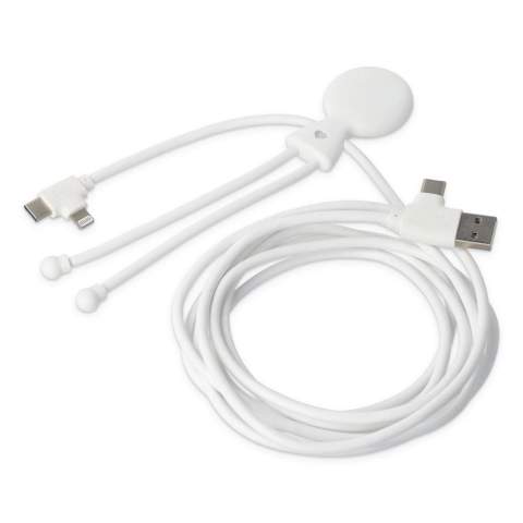 Xoopar Mr. Bio Long PD ist ein 2 Meter langes Multiladekabel mit USB-A, USB-C, Lightning und 60 W Schnellladung. Hergestellt aus 53 % recyceltem Kunststoff.