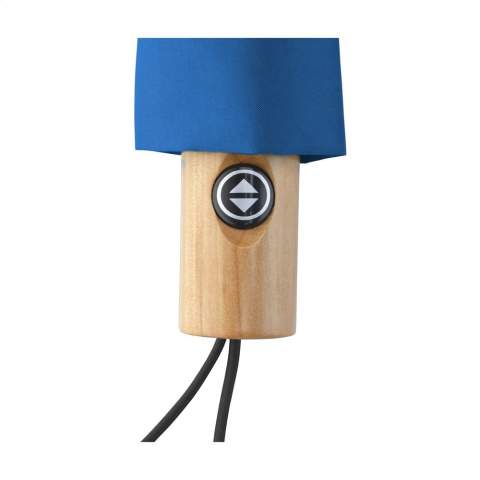 WoW! Folding umbrella with automatic opening and closing mechanism. Supplied with an RPET 190T pongee polyester cover. This umbrella also has a stainless-steel shaft and frame wooden handle, elastic carrying loop and Velcro closure. Dim. when folded: Ø 6 x 28,5 cm. RCS-certified. Total recycled material: 16%.
