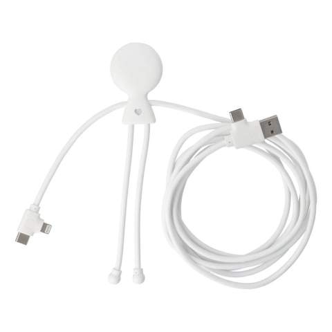 Xoopar Mr. Bio Long PD ist ein 2 Meter langes Multiladekabel mit USB-A, USB-C, Lightning und 60 W Schnellladung. Hergestellt aus 53 % recyceltem Kunststoff.