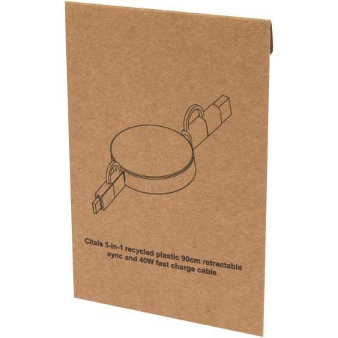 Le câble rétractable 5-en-1 de synchronisation des données et de charge rapide 40 W Citala est fabriqué à partir de plastique recyclé. Ce câble est doté de connecteurs d’entrée USB-A et Type-C combinés à un connecteur de sortie 2-en-1 Type-C et combi Lightning/Micro USB. L’USB-C vers l’USB-C fournit une puissance de sortie maximale de 40 W et l’USB-A vers l’USB-C une puissance maximale de 18 W. Toutes les autres options de connexion offrent une puissance maximale de 15 W. Compatible avec CarPlay et Android Auto. Que vous soyez à la maison, au bureau ou en déplacement, le câble Citala offre performance et style dans un ensemble compact. Longueur du câble : 90 cm.