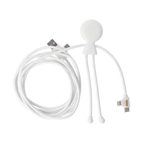 Xoopar Mr. Bio Long PD ist ein 2 Meter langes Multiladekabel mit USB-A, USB-C, Lightning und 60 W Schnellladung. Hergestellt aus 53 % recyceltem Kunststoff.