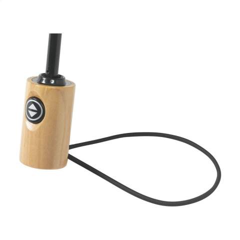 WoW! Folding umbrella with automatic opening and closing mechanism. Supplied with an RPET 190T pongee polyester cover. This umbrella also has a stainless-steel shaft and frame wooden handle, elastic carrying loop and Velcro closure. Dim. when folded: Ø 6 x 28,5 cm. RCS-certified. Total recycled material: 16%.