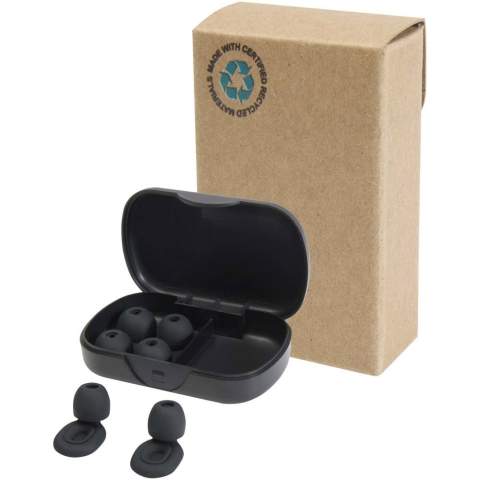 Enjoy peace and quiet wherever you are with these high-quality silicone earplugs—perfect for sleeping, studying, or traveling. Designed to effectively reduce noise, they help you focus or rest without distraction. Delivered in a compact case made from recycled plastic, making them easy to carry and hygienically stored. With three sizes included, you're guaranteed a comfortable, secure fit no matter your ear shape.