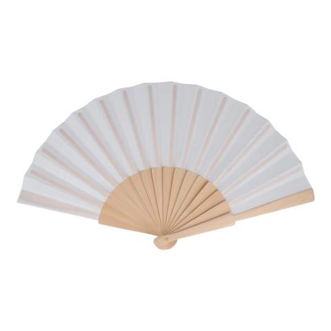 Besiegen Sie die Hitze mit einem Fächer aus Holz und R-PET. Erhältlich in verschiedenen leuchtenden Farben und mit einem Holzgriff; ideal für Veranstaltungen im Freien und heiße Sommertage. 