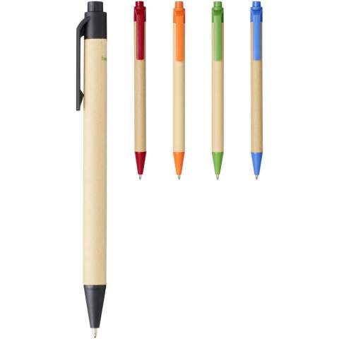 Stylo bille écologique rétractable avec corps en papier biodégradable et finitions en plastique de maïs de différentes couleurs. La couleur du carton recyclé peut varier.