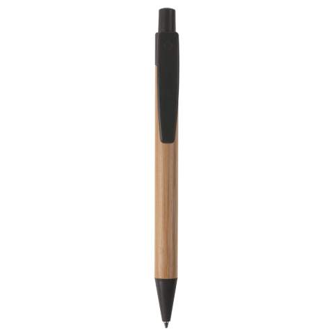 Bamboo material ball pen with clip, pusher and tip make of wheatstraw. With plastic blue writing X20 refill.