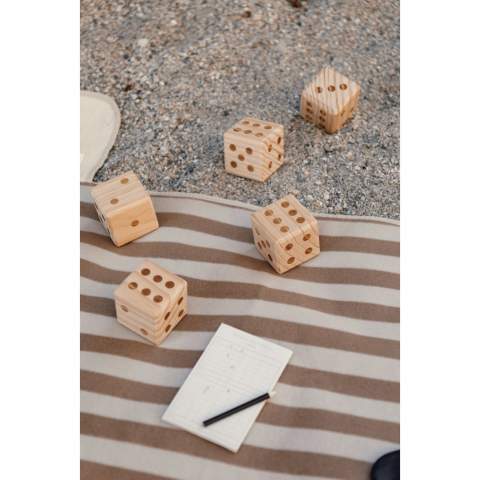 The outdoor yacht game is the classic dice game that is perfect for lovely outdoor days. The goal of the game is to get the highest possible score by rolling and combining the dice in different ways. The game is easy to learn and can be played by all ages. 5 dice, measuring 7x7x7cm, a notepad and pencil is included. Packed in a cotton bag. Manual included. All wooden parts are crafted from high-quality FSC®-certified pinewood, ensuring wood from responsibly managed forests.