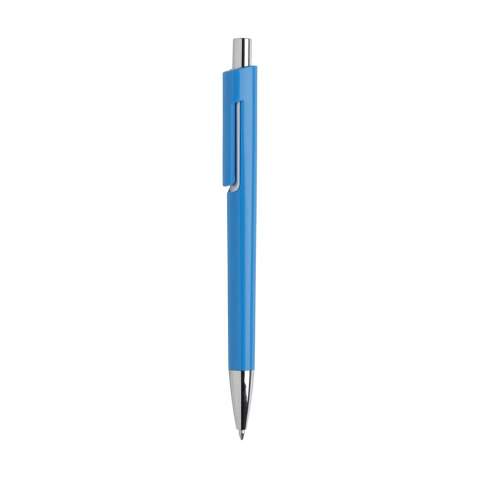 Stylo à encre bleue avec design unique : le corps et le clip ne forment qu'un, ce qui rend ce stylo spécial. Avec accents de couleur argenté en-dessous du clip à effet 'flottant'.