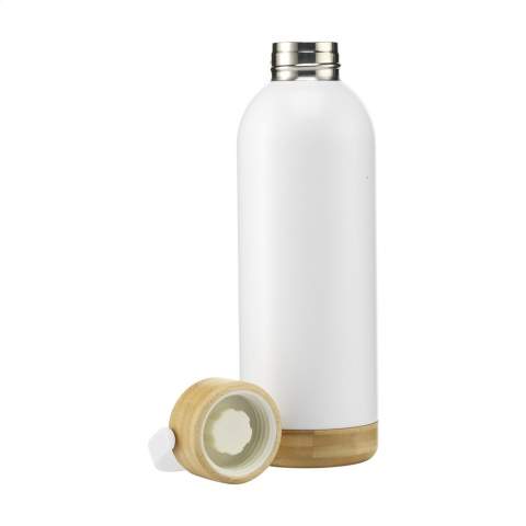 Double-walled, leak-proof stainless-steel thermos flask with attractive semi-matt finish. The bamboo screw cap and bamboo base, with a thickness of 1.5 cm, give the bottle a natural look. The colour of the ABS carry loop matches the colour of the bottle. The well-thought-out design of this bottle has created a striking design. Capacity 500 ml. Each item is supplied in an individual brown cardboard box.