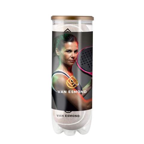 3 printed, lower pressure padel balls packaged in a transparent tube with a label all around. European manufacture