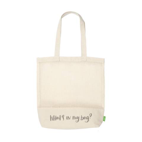 WoW! A sturdy mesh shopping bag made from 100% organic quality cotton (180 g/m²). Features a firmly woven base and long handles. Capacity approx. 12 litres.