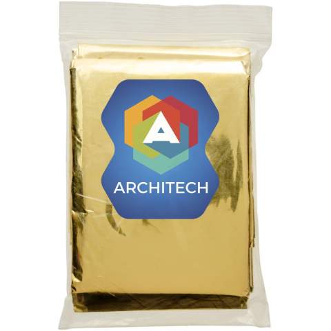 Couverture d'urgence capable de fournir une protection contre la chaleur, le froid et l'humidité. Parfaite pour les voyages en camping, les événements sportifs et les situations d'urgence. Lorsque le côté argenté est contre le corps, elle offre une protection contre le froid. Le côté doré contre le corps vous gardera au frais. La taille de la couverture est de 160 x 210 cm. La couverture est réglementée, testée et certifiée en tant que dispositif médical de classe I conformément à la directive MDD 93/42/CEE du 14 juin 1993 relative aux dispositifs médicaux.