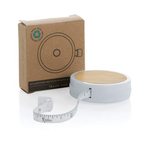 1.5m/60inch recycled plastic tape with return push button, for fitness and fashion. The case is made out of RCS certified recycled ABS plastic, fibreglass and FSC® 100% bamboo. Total recycled content: 64% based on total item weight. RCS certification ensures a completely certified supply chain of the recycled materials.  The tape is 8mm wide and retractable by button. Packed in FSC® mix packaging.<br /><br />TapeLengthMeters: 1.50