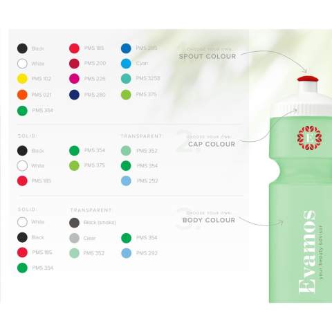 WoW! Cette bouteille de sport est fabriquée à partir de canne à sucre et disponible dans différentes combinaisons de couleurs de votre choix. Vous pouvez choisir parmi un certain nombre de couleurs standard pour la bouteille, le bouchon et la capsule de boisson. Composez vous-même la bouteille qui correspond à votre identité d'entreprise. Les matériaux utilisés répondent aux exigences de sécurité alimentaire et sont entièrement recyclables. Cette révolution dans le domaine des bouteilles d'eau contribue à faire du sport un élément d'un mode de vie sain. Fabriqué en Europe. Ne passe pas au lave-vaisselle. Capacité 750 ml.      La bouteille de sport est fabriquée à partir de canne à sucre renouvelable. La culture de la canne à sucre absorbe le CO2 et réduit les émissions de gaz à effet de serre. Nous voulons encourager les gens à boire de l'eau du robinet comme alternative saine et bon marché à l'eau vendue dans des bouteilles en plastique jetables. Vous pouvez utiliser la bouteille bio non seulement pendant l'exercice, mais aussi en déplacement à la place des bouteilles jetables.
