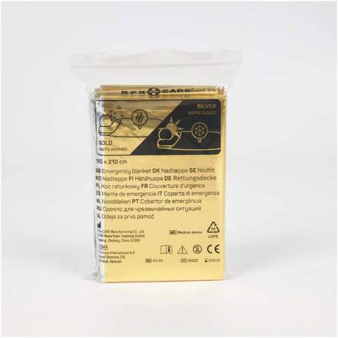 Couverture d'urgence capable de fournir une protection contre la chaleur, le froid et l'humidité. Parfaite pour les voyages en camping, les événements sportifs et les situations d'urgence. Lorsque le côté argenté est contre le corps, elle offre une protection contre le froid. Le côté doré contre le corps vous gardera au frais. La taille de la couverture est de 160 x 210 cm. La couverture est réglementée, testée et certifiée en tant que dispositif médical de classe I conformément à la directive MDD 93/42/CEE du 14 juin 1993 relative aux dispositifs médicaux.