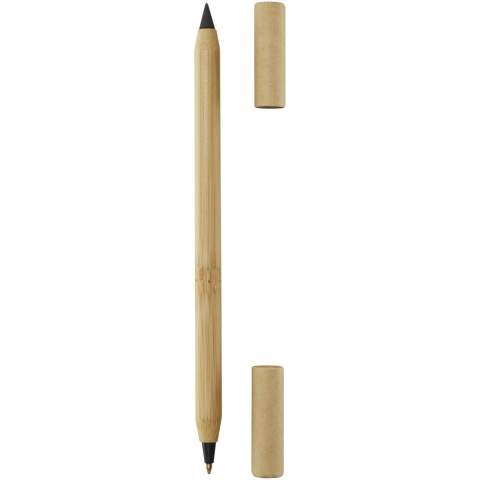 De twee bamboe pennen van Samambu hebben twee koppen: 1 balpen en 1 inktloze pen. De inktloze kant vereist geen inktpatronen of vulling. De zwarte grafietpunt van de pen is ontworpen om zichtbare sporen achter te laten wanneer deze in contact komt met het schrijfoppervlak. Het kiezen van een inktloze pen van bamboe bevordert het maken van duurzamere keuzes en moedigt het gebruik van hernieuwbare materialen aan. De balpen heeft blauwe inkt, een penpunt van 1 mm en een schrijflengte van 600 meter. Schrijflengte inktloze pen: 1500 meter.