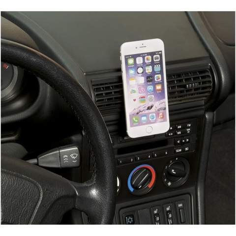 This magnet phone holder is functional for use in your car. It holds your phone securely while driving. The holder consists of 2 parts: a metal plate and a phone holder. The phone holder features 4 built-in magnets and can be easily plugged into the air vent of your car. The metal plate can be attached to the back of your smartphone or your phone cover. The size of the metal plate is 6.5 x 4.5cm. The holder might not be compatible with all types of phone covers/cases.