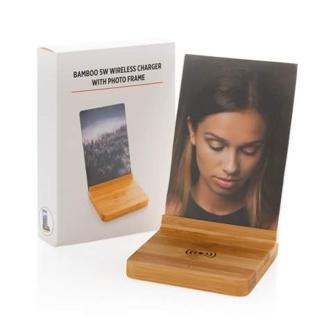 Bamboo 5W wireless photo fame with bamboo wireless charging base and acrylic ( 15 x 10 cm) photo frame. Including 150 cm PVC free TPE micro charging cable. With rubber tips on the bottom to avoid the item from sliding. Compatible with all QI enabled devices like Android latest generation, iPhone 8 and up. ; Input: 5V/2A; Wireless Output: 5V/1A - 5W<br /><br />WirelessCharging: true