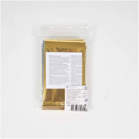 Couverture d'urgence capable de fournir une protection contre la chaleur, le froid et l'humidité. Parfaite pour les voyages en camping, les événements sportifs et les situations d'urgence. Lorsque le côté argenté est contre le corps, elle offre une protection contre le froid. Le côté doré contre le corps vous gardera au frais. La taille de la couverture est de 160 x 210 cm. La couverture est réglementée, testée et certifiée en tant que dispositif médical de classe I conformément à la directive MDD 93/42/CEE du 14 juin 1993 relative aux dispositifs médicaux.