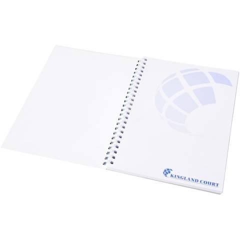 Desk-Mate® spiral A5 notebook. Standard model includes 50 blank sheets of 80 g/m2 paper, a glossy card front cover (250 g/m2) and a 450 micron transparent polypropylene cover. Black or white wire. Also available with 100 sheets. You can customise the pages of this versatile notebook with any design - so whether you want lined paper, squares or dots - anything is possible!