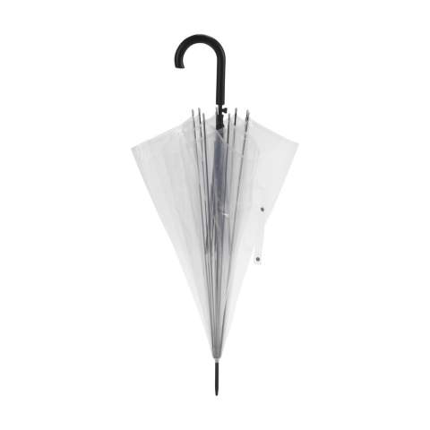 Umbrella with transparent canopy segments, automatic telescopic spring button, metal frame, plastic handle and push button fastener.