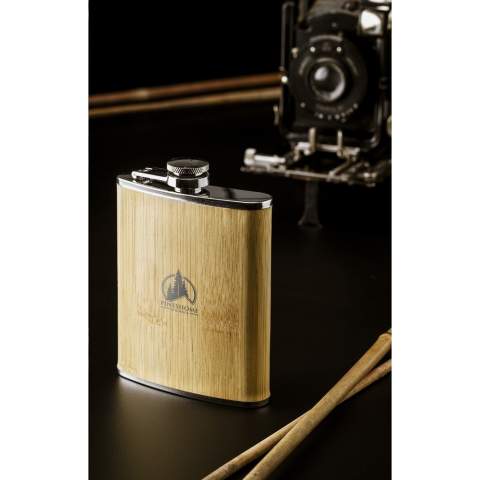 Tough stainless-steel hip flask with bamboo casing and handy screw cap. Leak-proof. Capacity 200 ml. Each item is individually boxed.