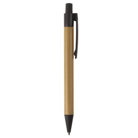 Bamboo material ball pen with clip, pusher and tip make of wheatstraw. With plastic blue writing X20 refill.