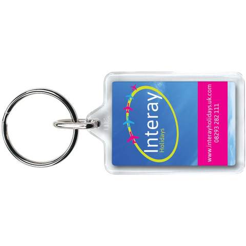 Clear rectangular Y1 keychain with metal split keyring. The metal looped ring offers a flat profile which is ideal for mailings. Print insert dimensions: 3,5 cm x 2,4 cm.